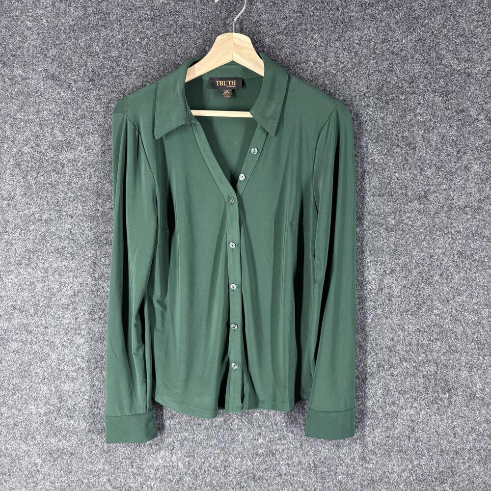 Truth Shirt Women L Large Green Button Up Collared Long Sleeve Casual Solid